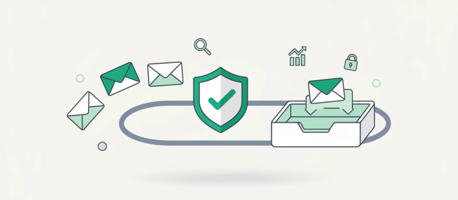 Envelopes passing through a verification shield and landing in the inbox
