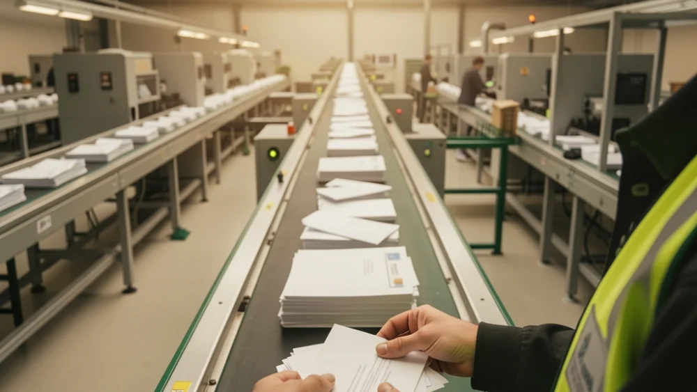 Overhead view of mail sorting facility with conveyor belts and worker sorting envelopes