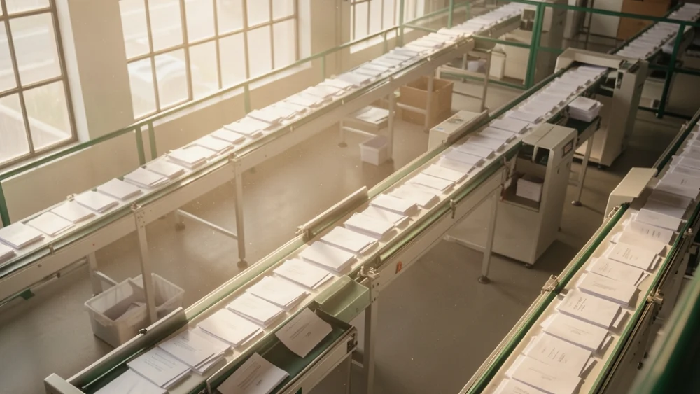 High-volume mail sorting facility with automated conveyor systems processing thousands of envelopes