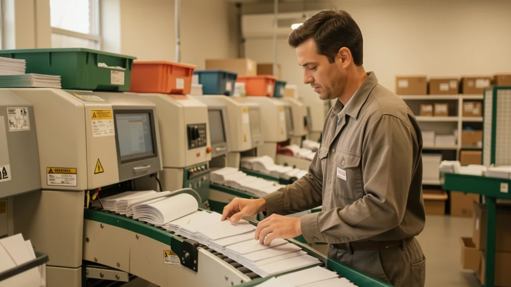 Mailroom sorting facility with industrial envelope processing equipment