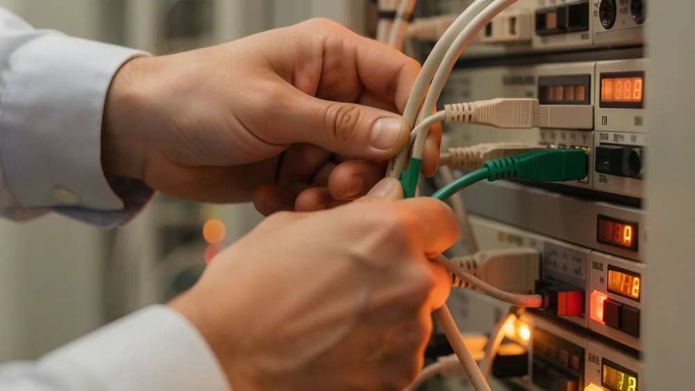 Hands adjusting network cables in a server rack with amber and green status lights