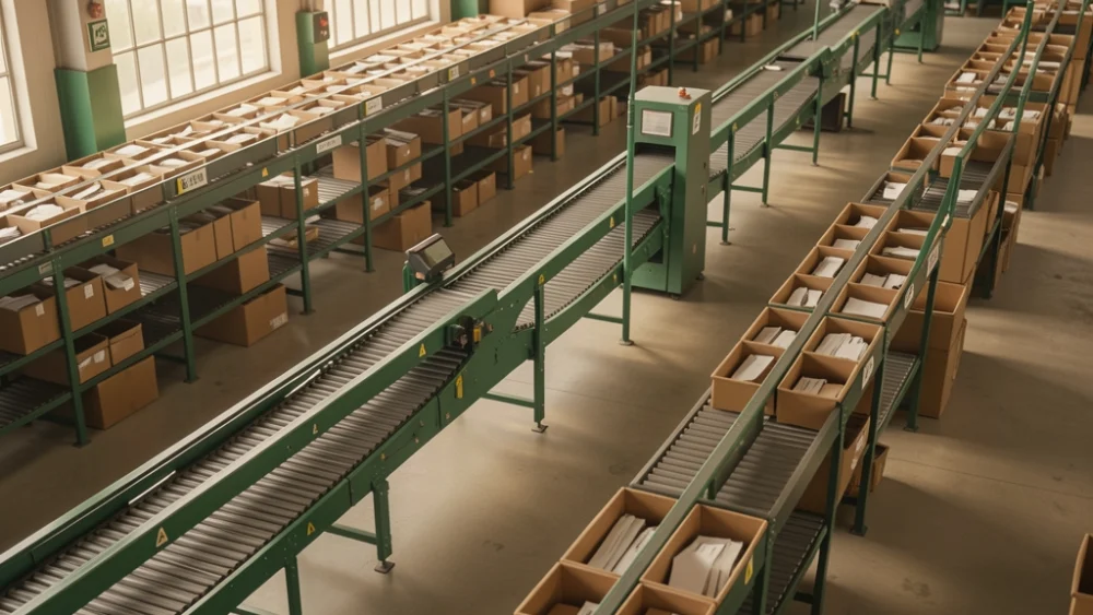 Overhead view of automated mail sorting facility with organized conveyor systems