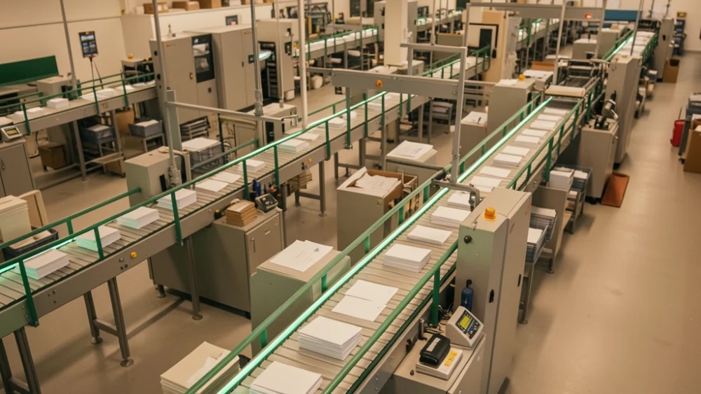 Overhead view of automated mail sorting facility with conveyor belts and industrial machinery