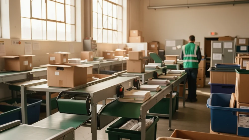 Industrial mail sorting facility with conveyor belts and natural warehouse lighting