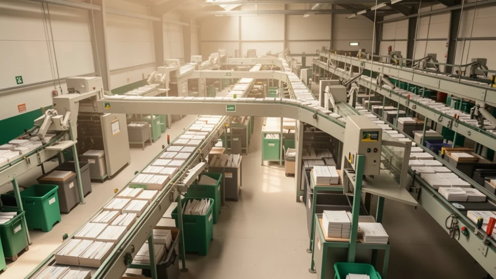 Overhead view of a mail sorting facility with conveyor belts