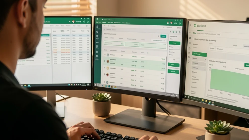 Agency operator managing multiple client domain dashboards on multiple monitors