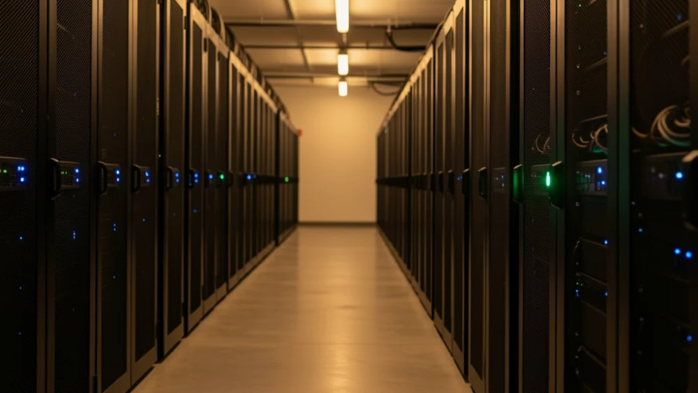 Server room corridor with emerald-green status light representing owned email infrastructure