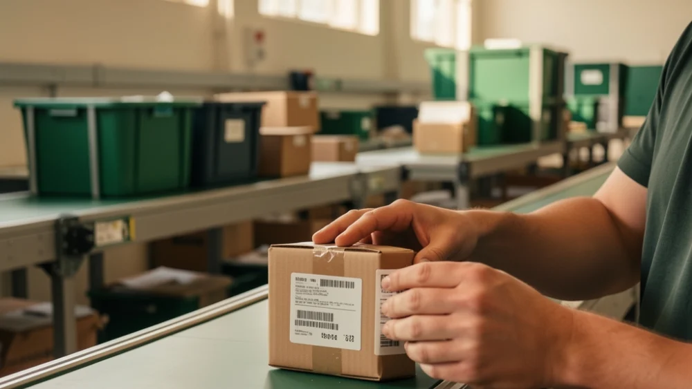 Mailroom sorting facility with conveyor belts and natural lighting