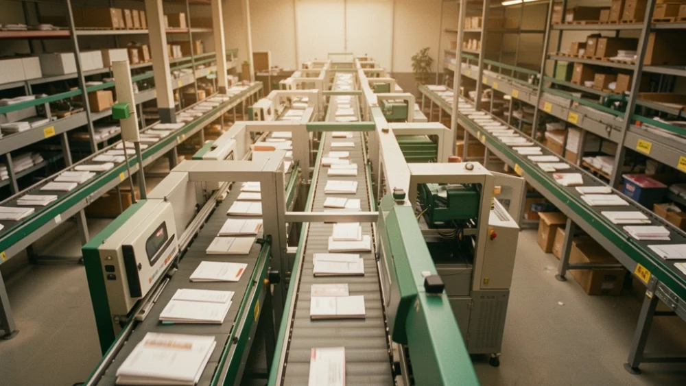 Overhead view of automated mail sorting facility with conveyor belts and envelope scanners