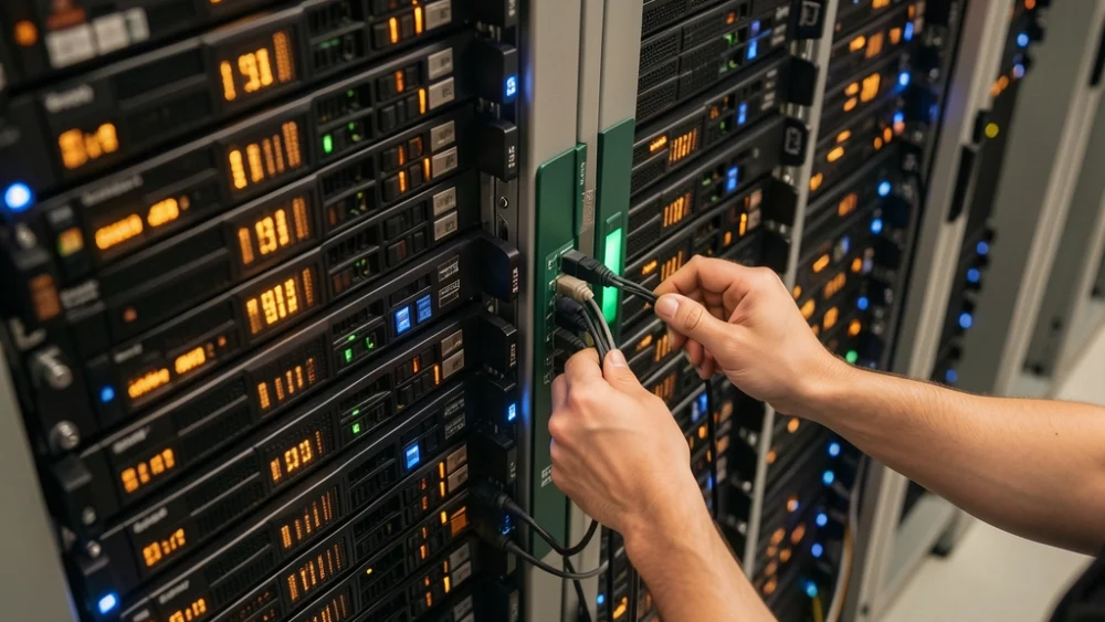 Server room technician adjusting network infrastructure for high-volume email sending