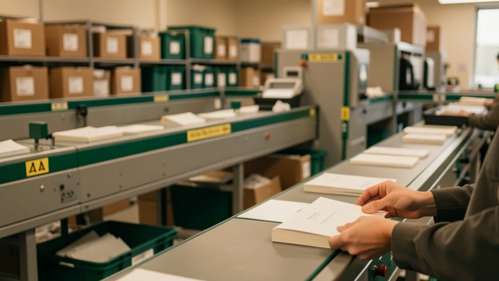 Industrial mail sorting facility with conveyor belts and warm overhead lighting