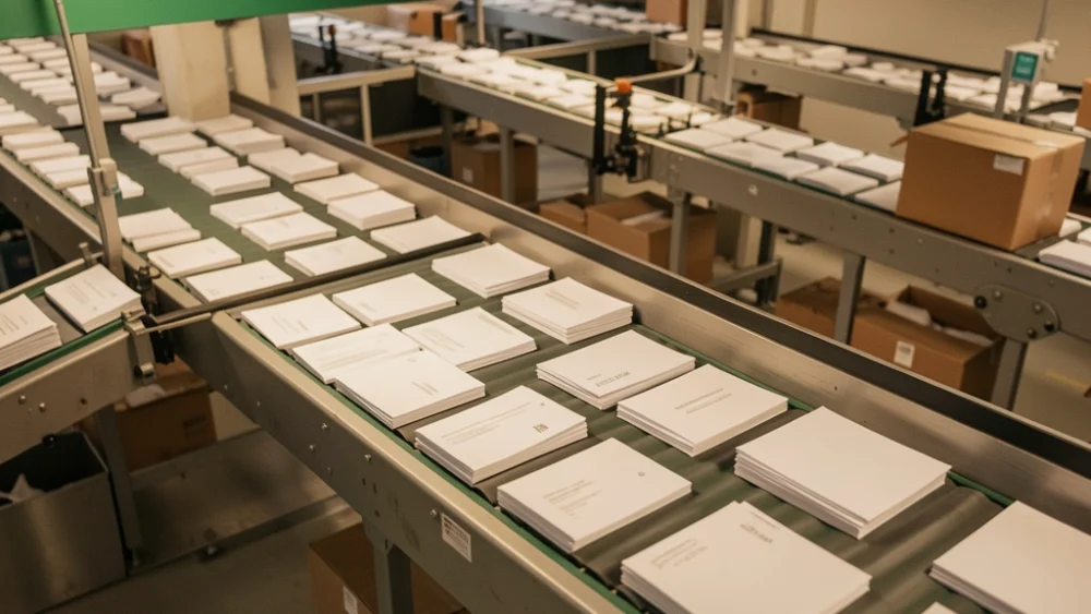 Industrial mail sorting facility with envelopes on conveyor belts