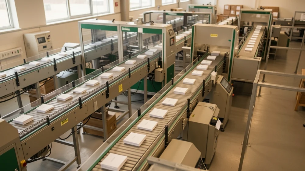 Overhead view of automated mail sorting facility with envelopes on conveyor belts