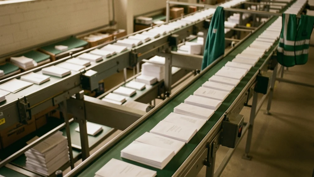 Overhead view of automated mail sorting facility with organized envelope streams