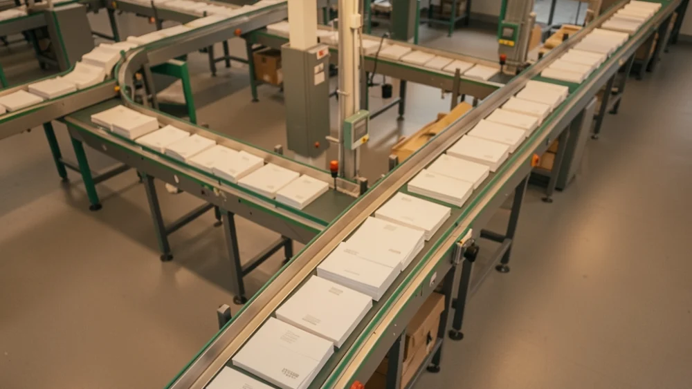 Overhead view of industrial mail sorting facility with conveyor belts and warm lighting