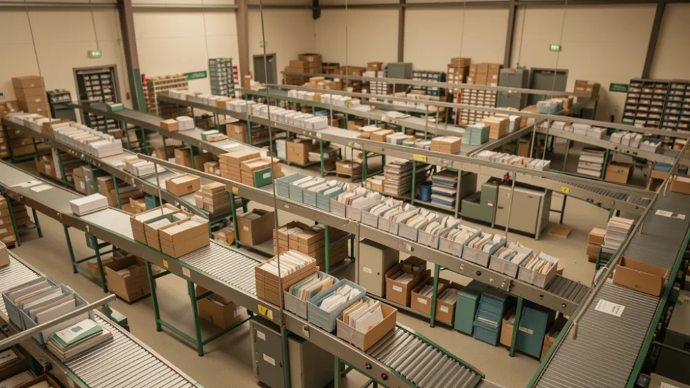 Overhead view of a high-volume mail sorting facility with organized letter trays on conveyor belts