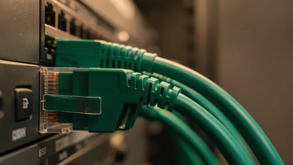 Network server rack with emerald-green ethernet cables representing DNS infrastructure