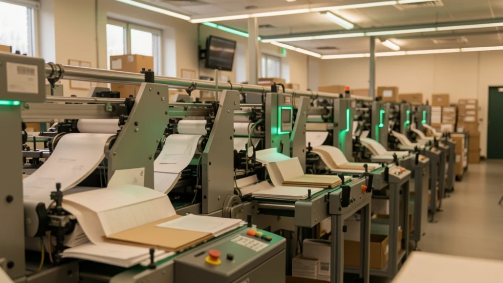 Industrial mail sorting facility with automated envelope processing equipment