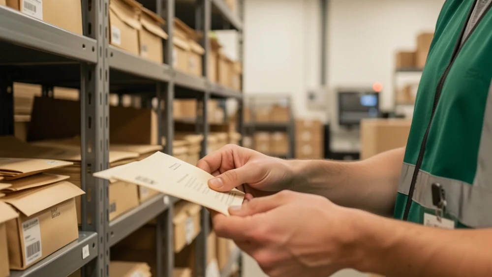 Hands sorting mail in a distribution facility with organized envelopes and industrial shelving