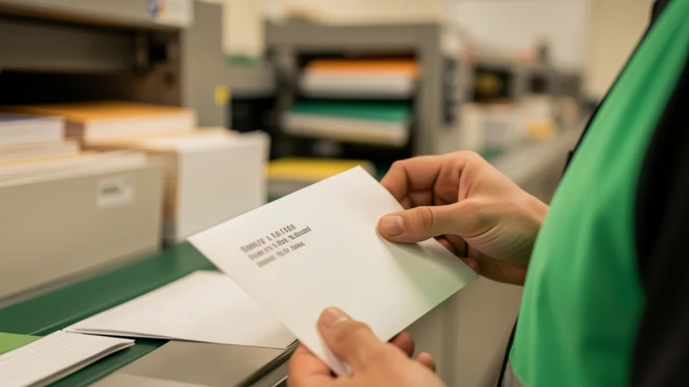Postal worker examining envelope from-address in mail sorting facility