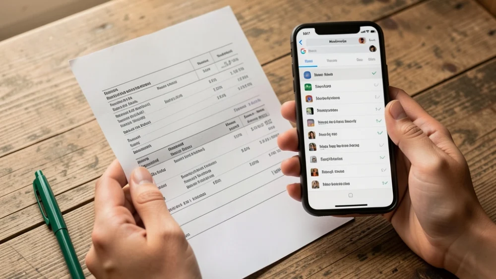 Hands reviewing an invoice with line-item deliverables alongside a phone showing email inbox