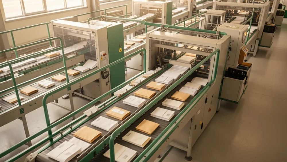 Overhead view of automated mail sorting facility with conveyor belts and envelopes in warm natural light