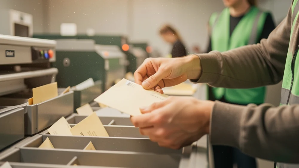 Hands sorting mail at high speed in a postal facility, warm overhead lighting with emerald-green accent