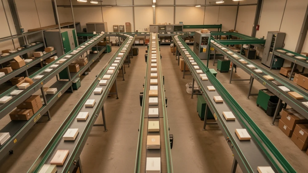 Industrial mail sorting facility with multiple conveyor belts operating at different speeds