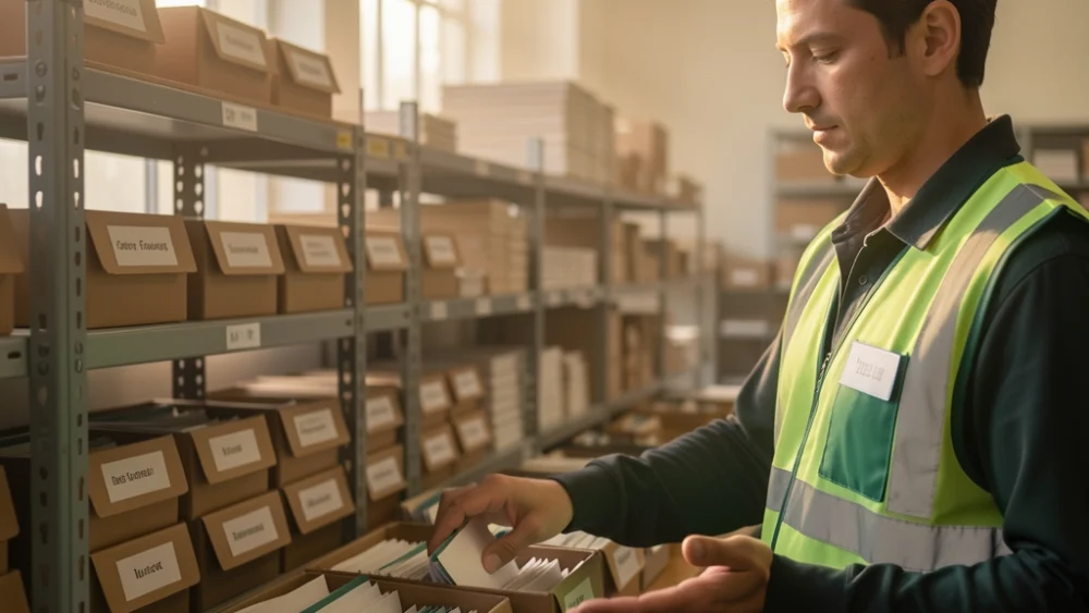 Hands sorting mail into organized bins in a warehouse mailroom with morning light