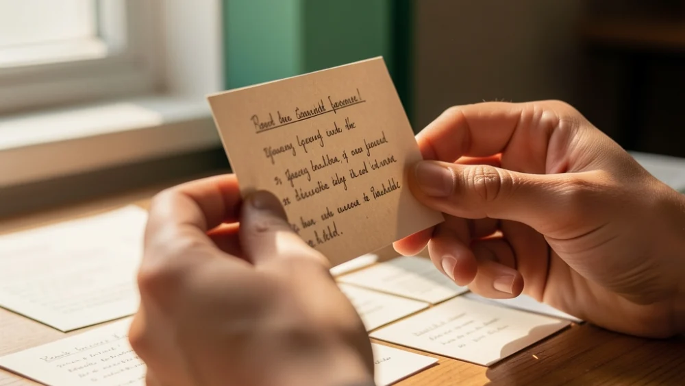 Hands reviewing printed lead cards in warm natural light, representing high-intent lead qualification