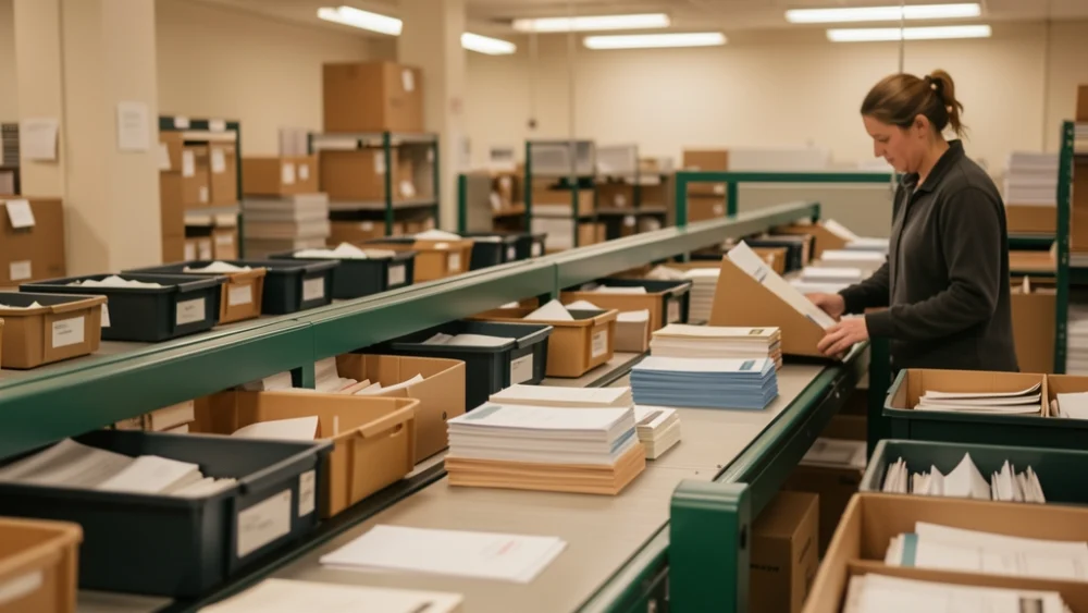 Mailroom sorting facility with conveyor belts and organized postal trays under warm lighting