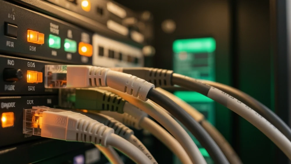Network server rack with encrypted data transmission cables and status indicators