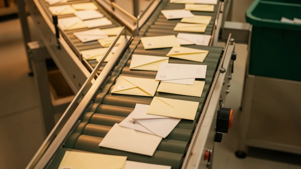 Overhead view of mail sorting conveyor with envelopes moving under warm industrial lighting
