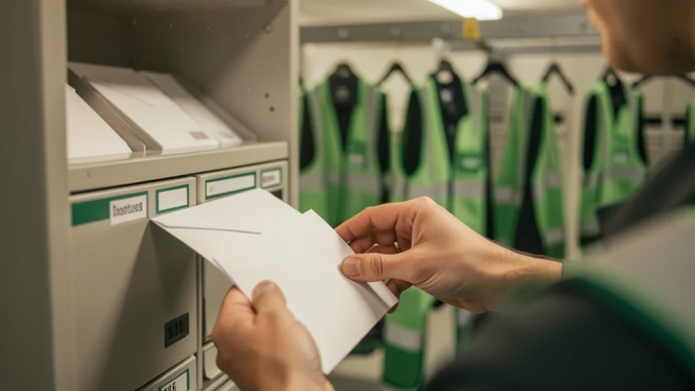 Mail sorting facility worker organizing envelopes into delivery slots