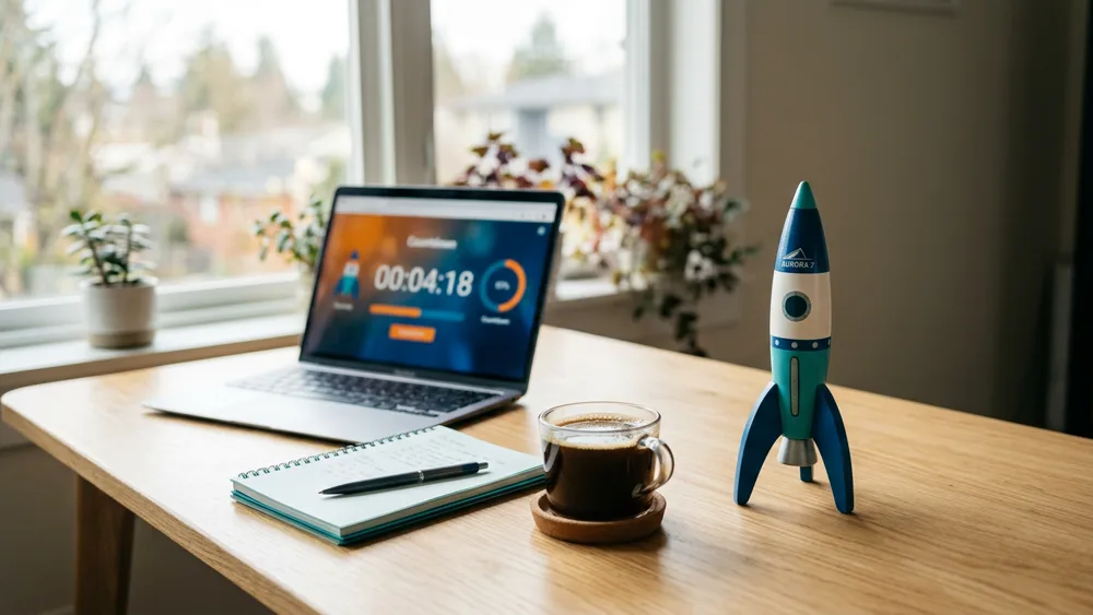Product launch email sequence countdown beside a launch-ready rocket
