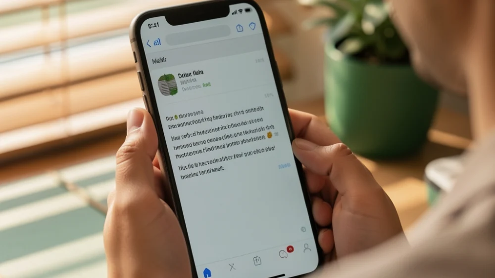 Over-the-shoulder view of a smartphone displaying a plain text email in an inbox