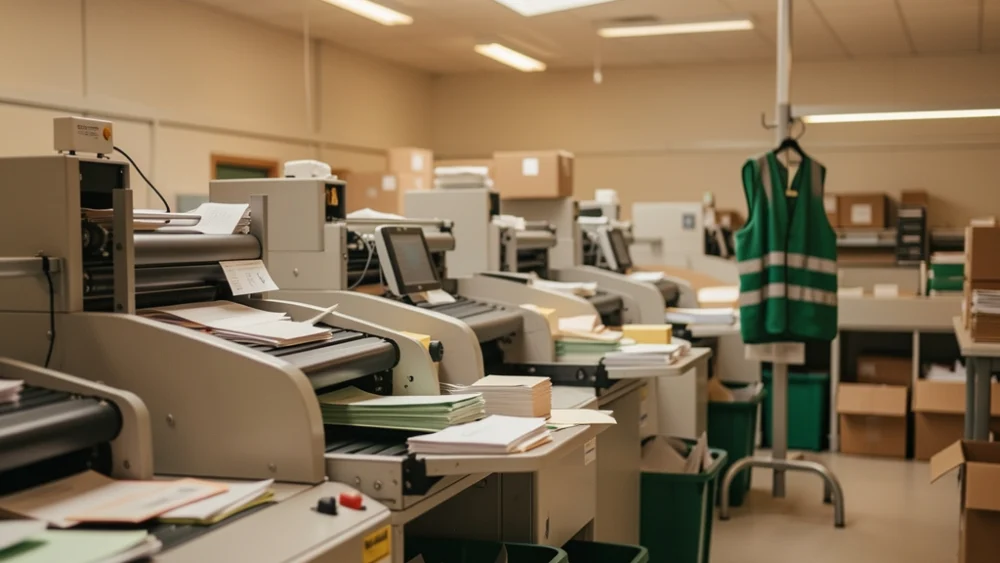 Industrial mail sorting facility with automated equipment processing envelopes