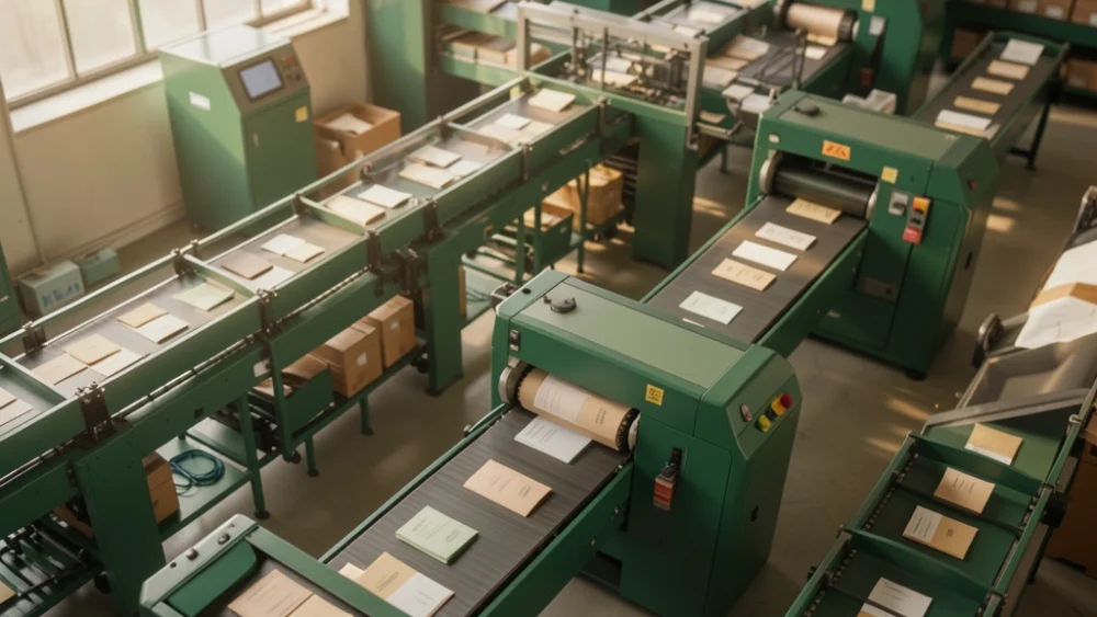 Automated mail sorting facility with emerald-green machinery under warm natural light