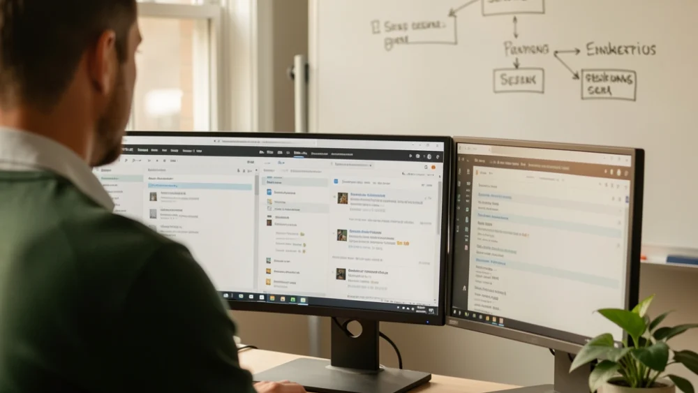 Agency operator reviewing cold email sequences at a multi-monitor workstation with sending flow diagram on whiteboard