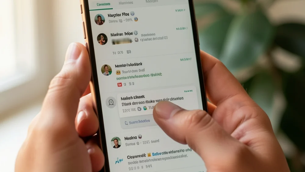 Hand holding smartphone with email inbox visible, natural light