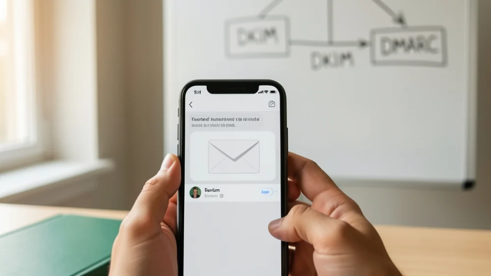 Hands holding phone with bounced email notification, whiteboard with email authentication flowchart in background