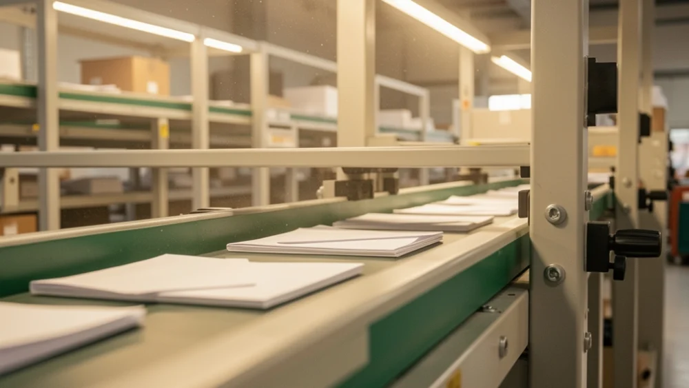 Mail sorting conveyor with envelopes under warm industrial lighting
