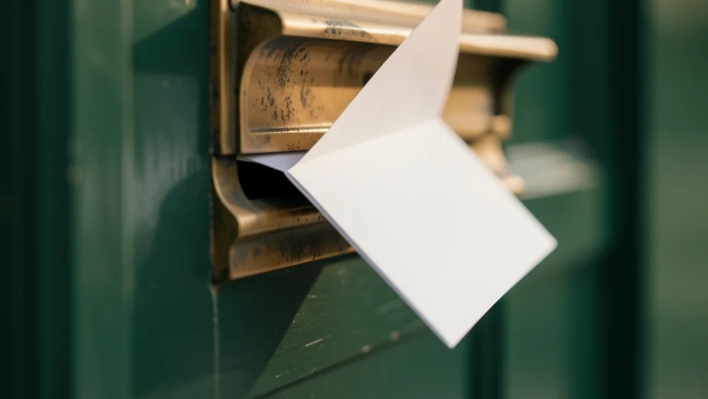 Weathered brass mailbox slot with envelope, showing gradual wear that mirrors email reputation decay