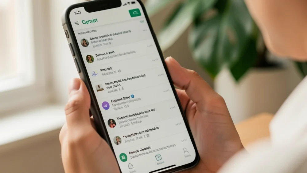 Over-the-shoulder view of email inbox with subject lines on smartphone screen