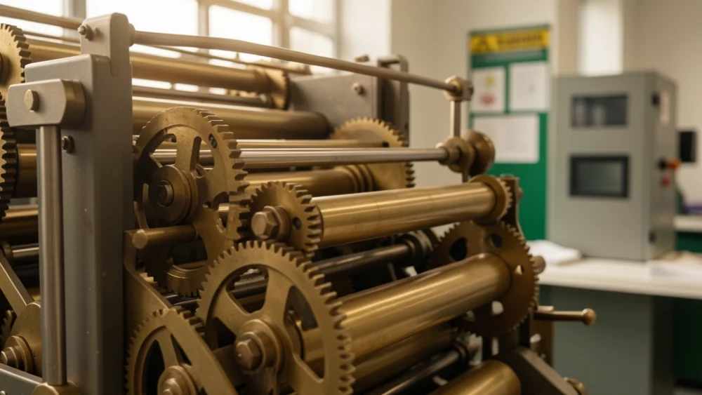 Mechanical mail sorting machine with brass gears in warm natural light