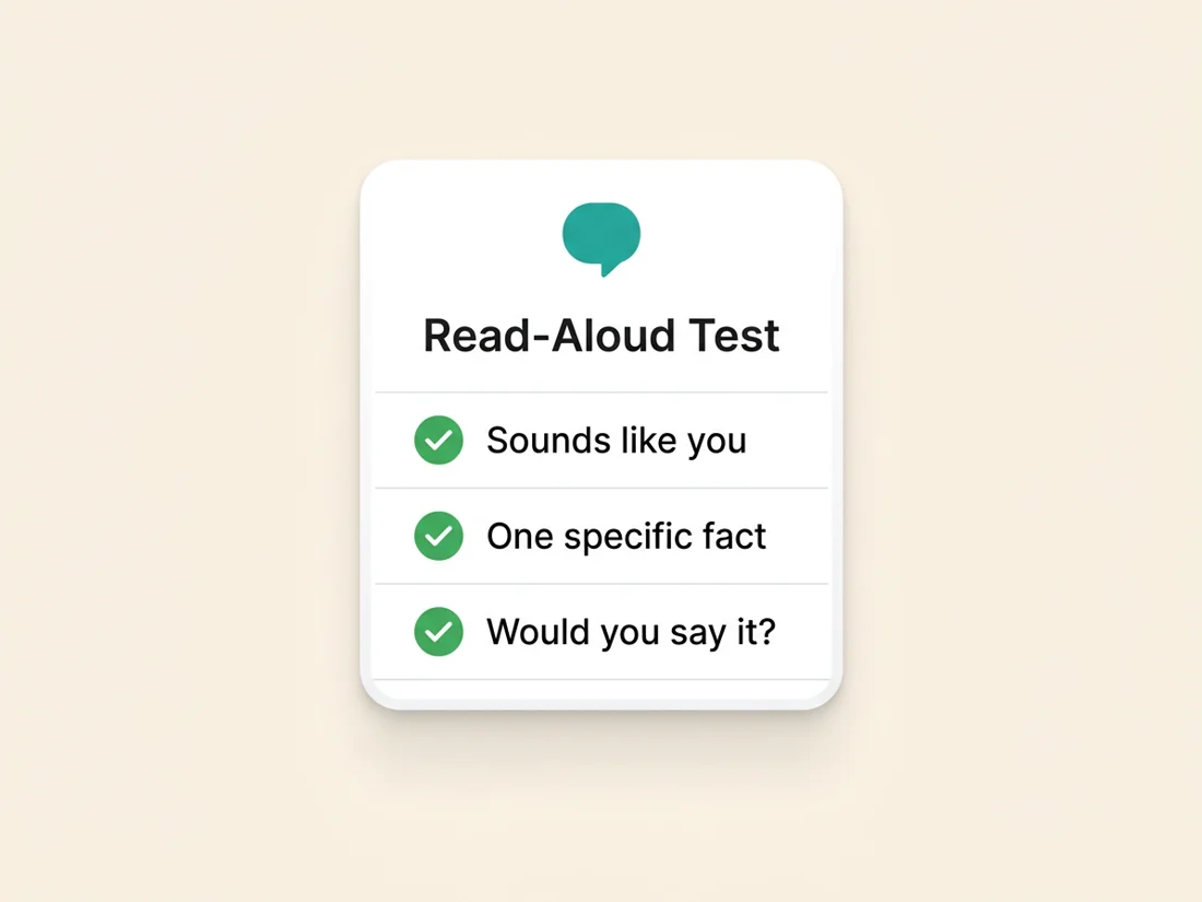 Read-aloud test for emails that don't sound like AI: sounds like you, one specific fact, would you say it