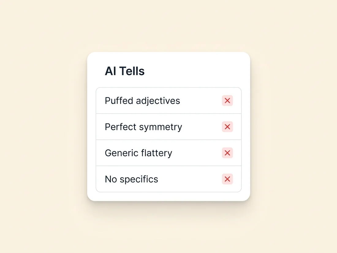 The tells that make emails sound like AI: puffed adjectives, perfect symmetry, generic flattery, no specifics