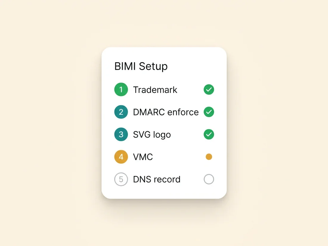 Gmail blue checkmark setup checklist: trademark, DMARC enforcement, SVG logo, VMC, DNS record