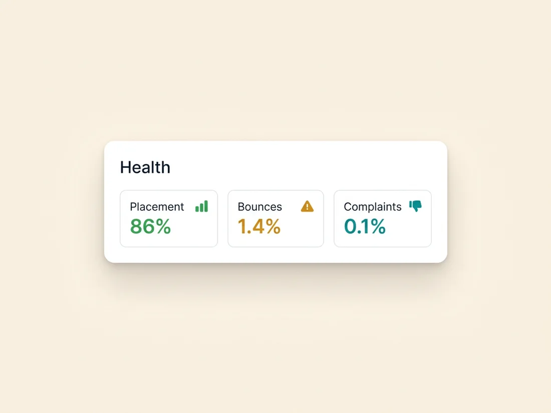 A dashboard tracking inbox placement, bounce rate and complaint rate for cold email