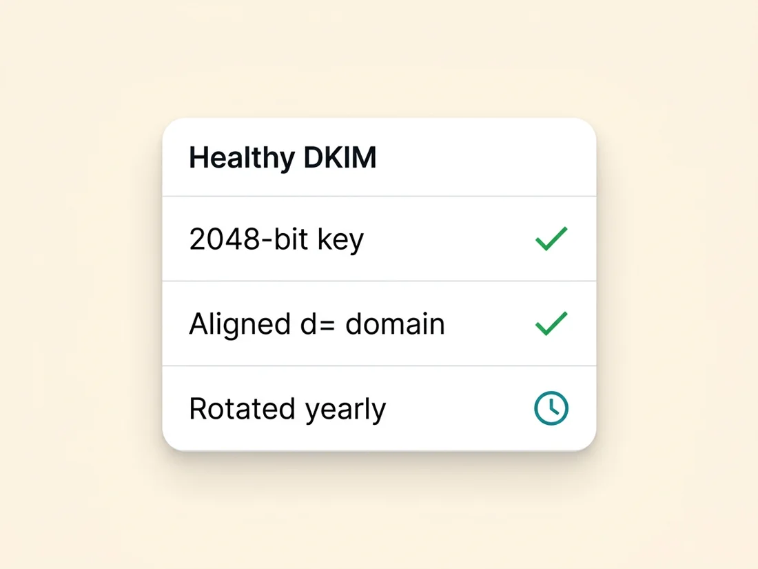 Healthy DKIM checklist: 2048-bit key, aligned signing domain, rotated yearly